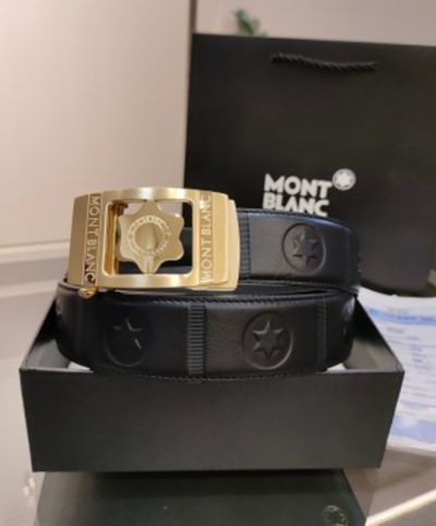1:1  Montblanc  Black Leather Belt with Gold Logo Buckle Inlay Design Buckle  3.4cm